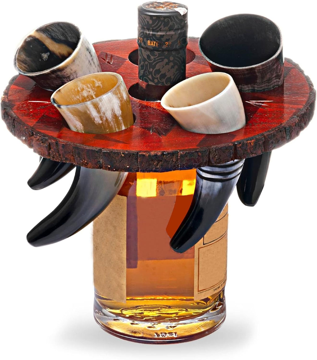 Viking Drinking Horn Set of 5 – Gifts for Men, Dad, Husband – Unique Viking Gift – Handmade Real Ox Horn Cup with Wooden Storage Tray & Opener – for Beer, Ale, Mead