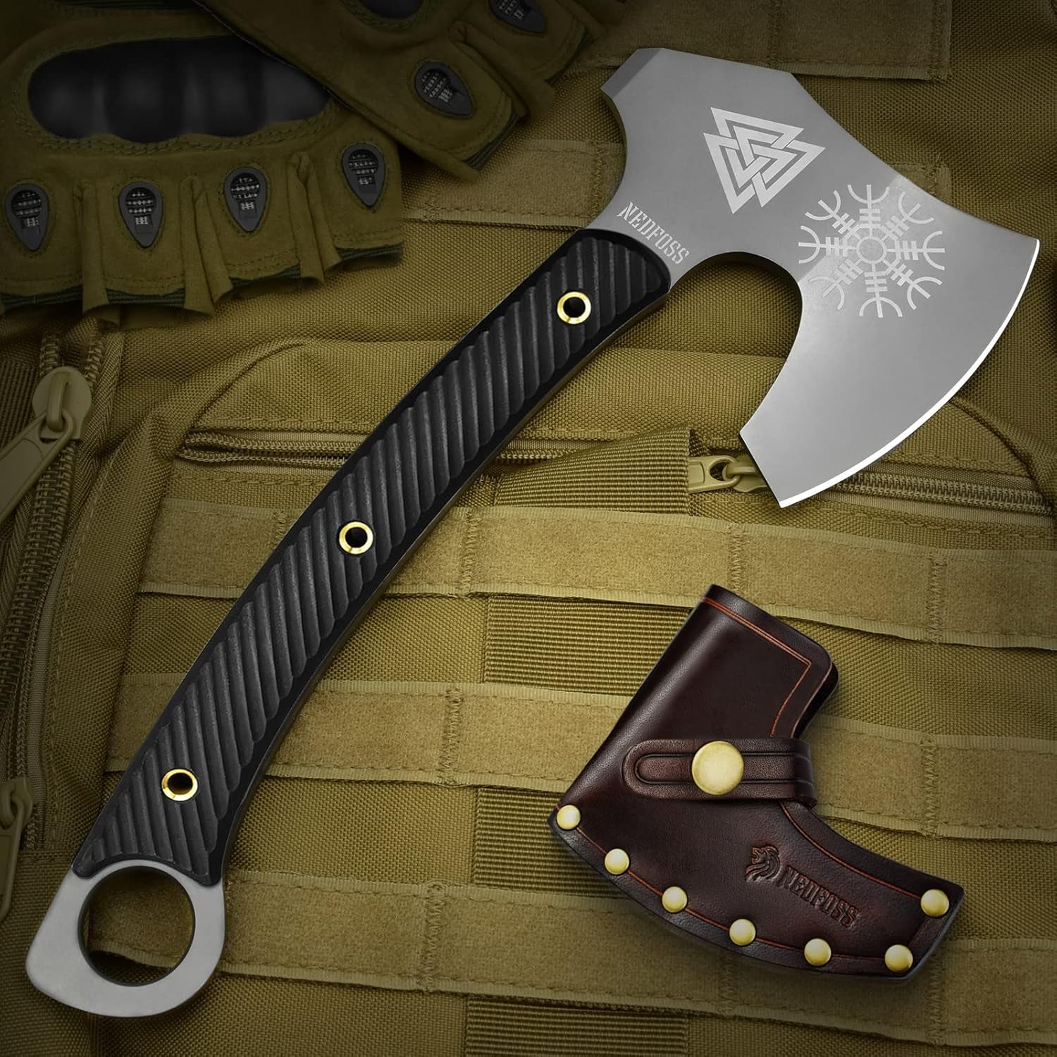 12.2" Tactical Tomahawk Viking Axe with Leather Sheath G10 Handle | Heavy Duty Full Tang Viking Axe with 4.3" Titanium Coated Blade, Viking Bearded Tomahawk Hatchet for Outdoor Survival Camping