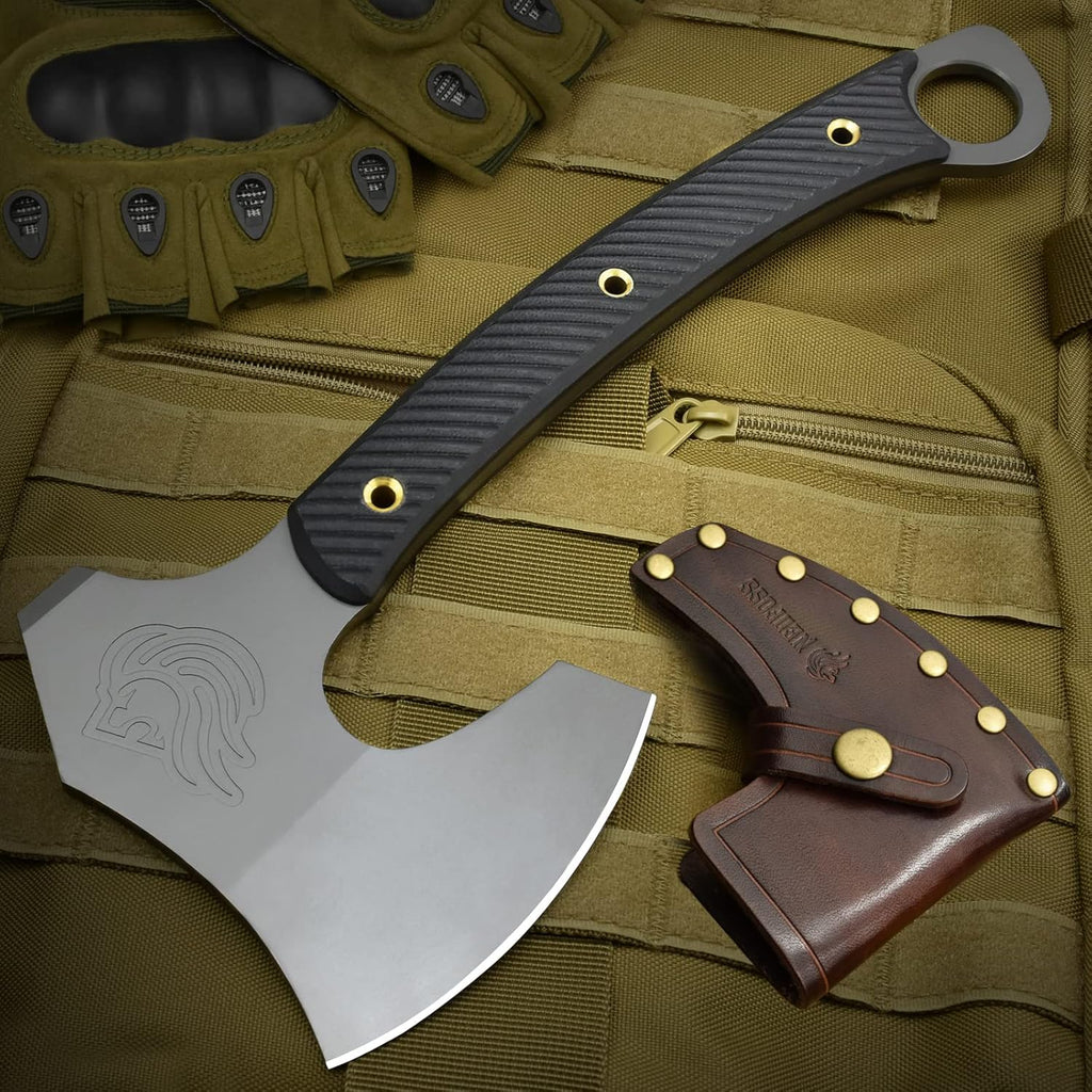 12.2" Tactical Tomahawk Viking Axe with Leather Sheath G10 Handle | Heavy Duty Full Tang Viking Axe with 4.3" Titanium Coated Blade, Viking Bearded Tomahawk Hatchet for Outdoor Survival Camping