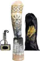 Viking Drinking Horn with Stand & Thor Bottle Opener | Norse Medieval Authentic Ox Horn for Ale, Mead, Whiskey | Unique Gifts for Men & Women | 16-20 Oz Odin & Vegvisir