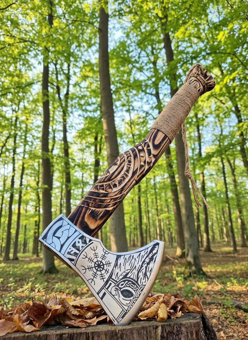 Hand Forged Viking Axe – Carbon Steel Blade with Ash Wood Handle and Leather Sheath, Camping, Hunting, Outdoor Hatchet Valhalla Ax, Medieval Axe, Authentic Norse Axe, Historical Gift for Men
