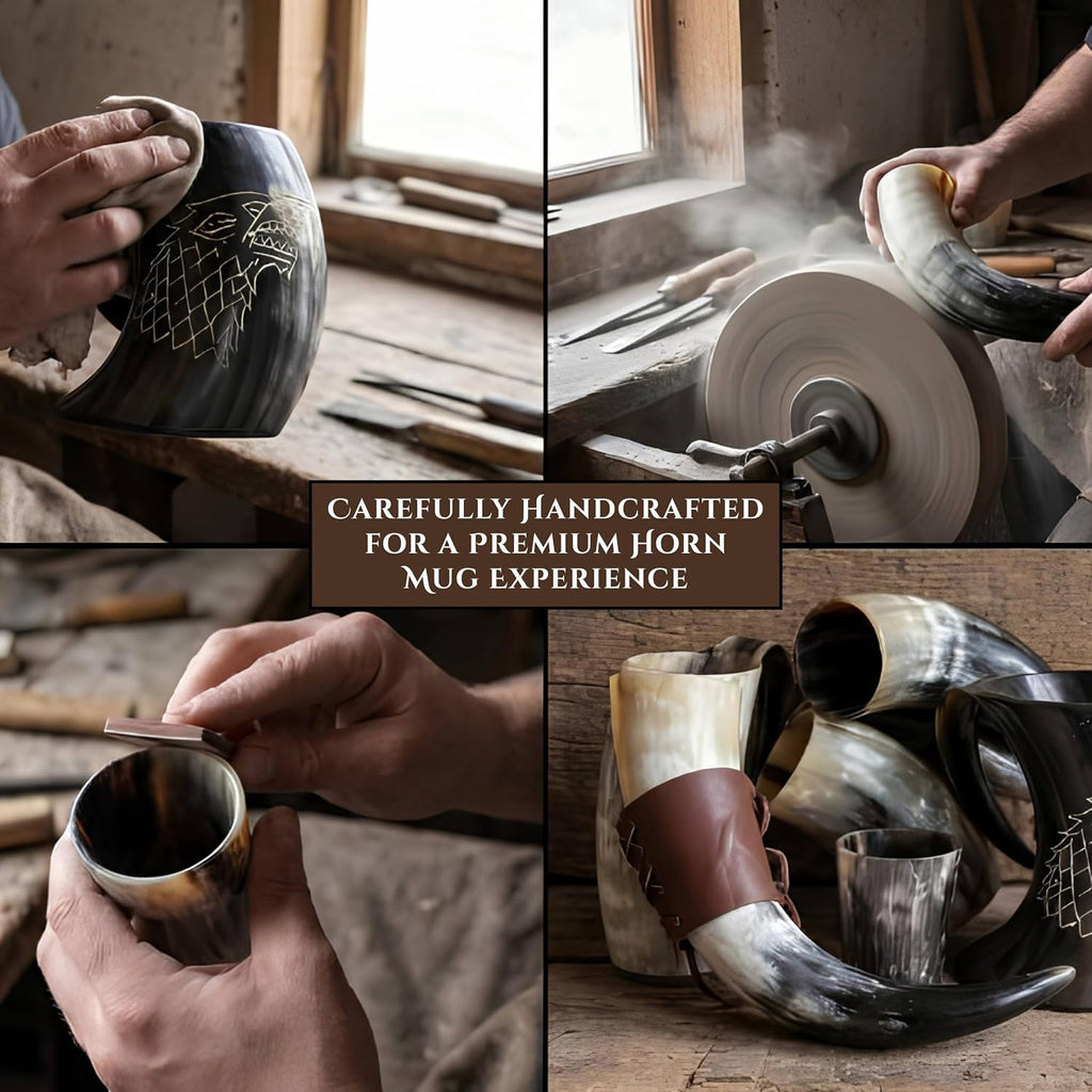 Viking Drinking Horn Mug & Cup Set | 6-Piece Collection with 16Oz Dire Wolf Engraved Mead & Beer Mug, Shot Glass, Bottle Opener, Leather Strap, Drinking Horn & Stand | Norse Gift for Men