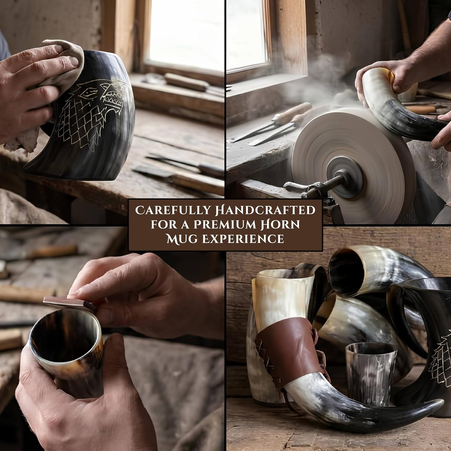 Viking Drinking Horn Mug & Cup Set | 6-Piece Collection with 16Oz Dire Wolf Engraved Mead & Beer Mug, Shot Glass, Bottle Opener, Leather Strap, Drinking Horn & Stand | Norse Gift for Men