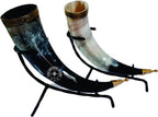 Set of Two Ox Horn Drinking Beer Mug Brass Rim Medieval Viking Cup with Iron Stand