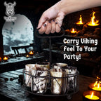 Drinking Horn Cup Set of 6 – Unique Viking Gifts for Men, Dad, Husband – Natural Ox Horn Shot Glasses with Thor Bottle Opener & Metal Caddy – Leak-Proof – for Beer, Ale, Mead (5 Oz/Glass)