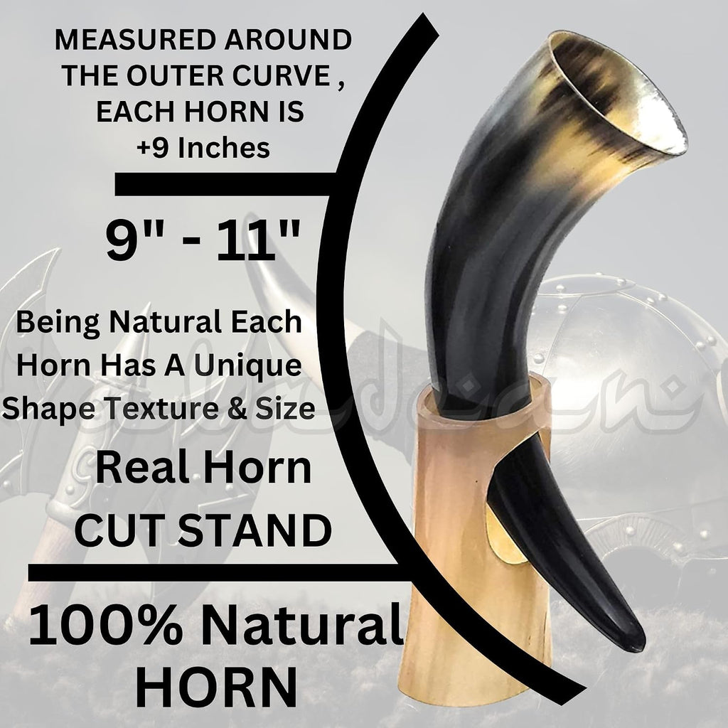 5X Viking Drinking Horn Cups 9" -15" | Viking Gift for Men 100% Natural Norse 10-14 Oz Goblet Ale Mead Beer Mug Wine with Stand (Large (9"-11"))
