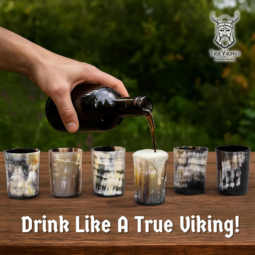 Drinking Horn Cup Set of 6 – Unique Viking Gifts for Men, Dad, Husband – Natural Ox Horn Shot Glasses with Thor Bottle Opener & Metal Caddy – Leak-Proof – for Beer, Ale, Mead (5 Oz/Glass)