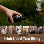Drinking Horn Cup Set of 6 – Unique Viking Gifts for Men, Dad, Husband – Natural Ox Horn Shot Glasses with Thor Bottle Opener & Metal Caddy – Leak-Proof – for Beer, Ale, Mead (5 Oz/Glass)