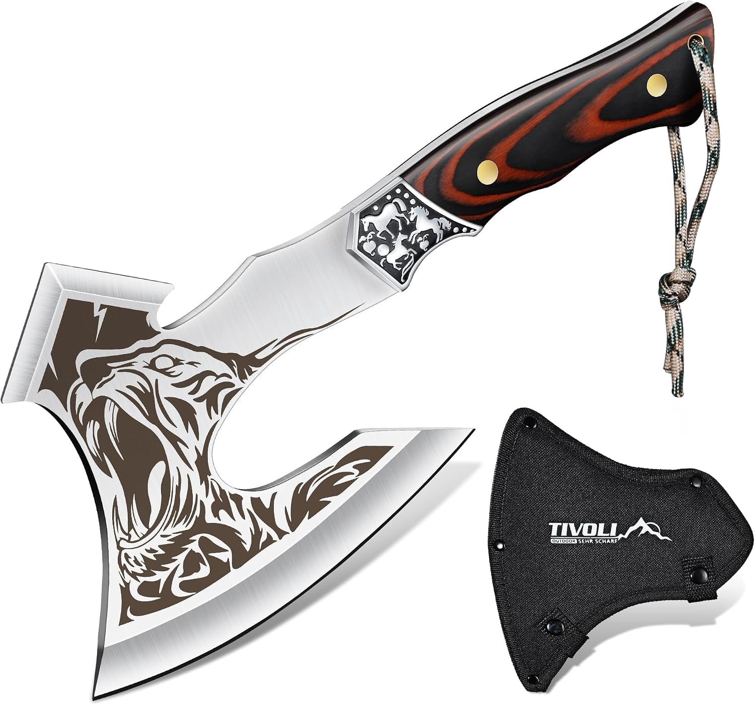 Camping Axe, Tiger - Patterned Survival Hatchet with Nylon Sheath | High Carbon Steel Blade, Ergonomic Wood Grip, Nylon Sheath, Unique Pattern Design, for Hiking, Chopping, Hunting