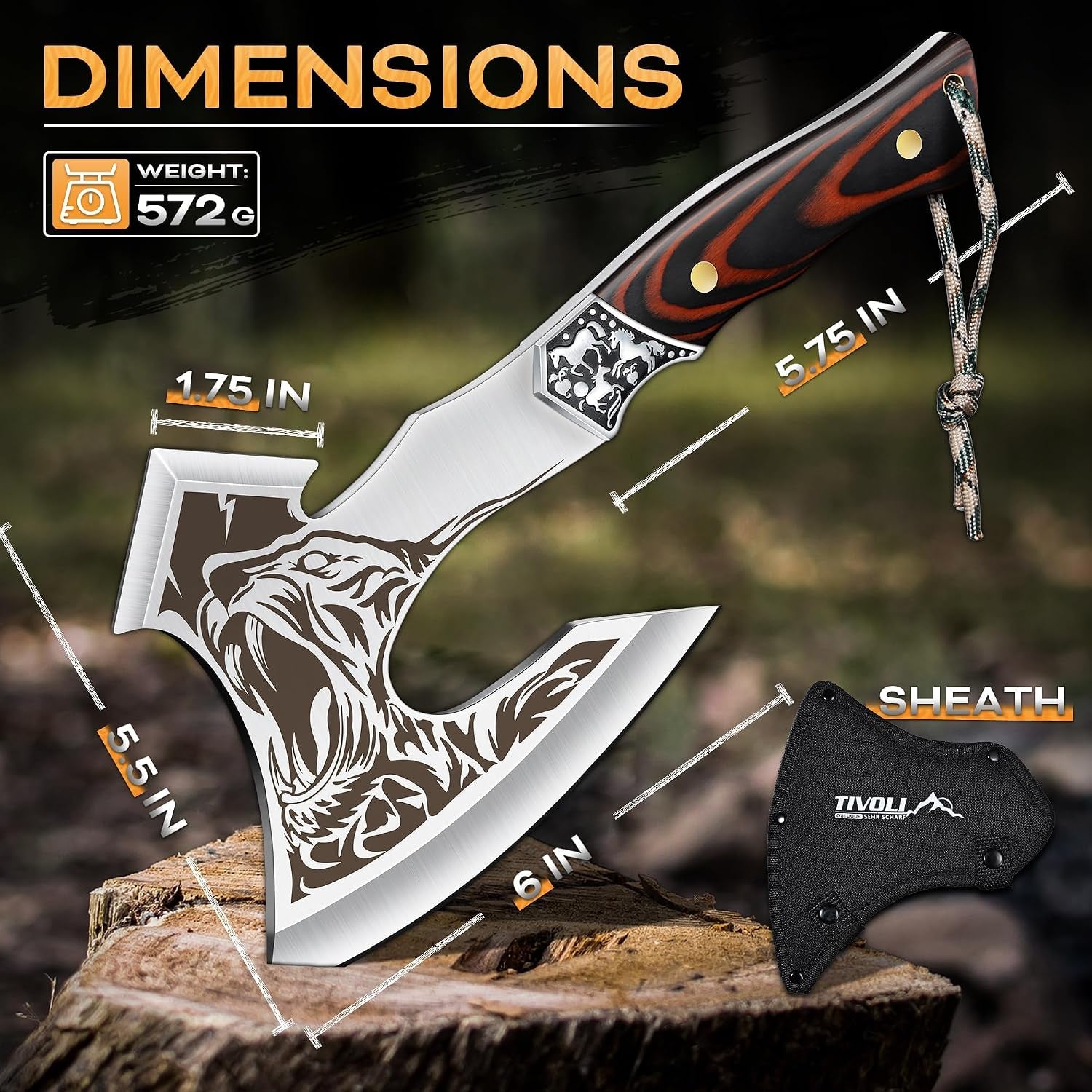 Camping Axe, Tiger - Patterned Survival Hatchet with Nylon Sheath | High Carbon Steel Blade, Ergonomic Wood Grip, Nylon Sheath, Unique Pattern Design, for Hiking, Chopping, Hunting