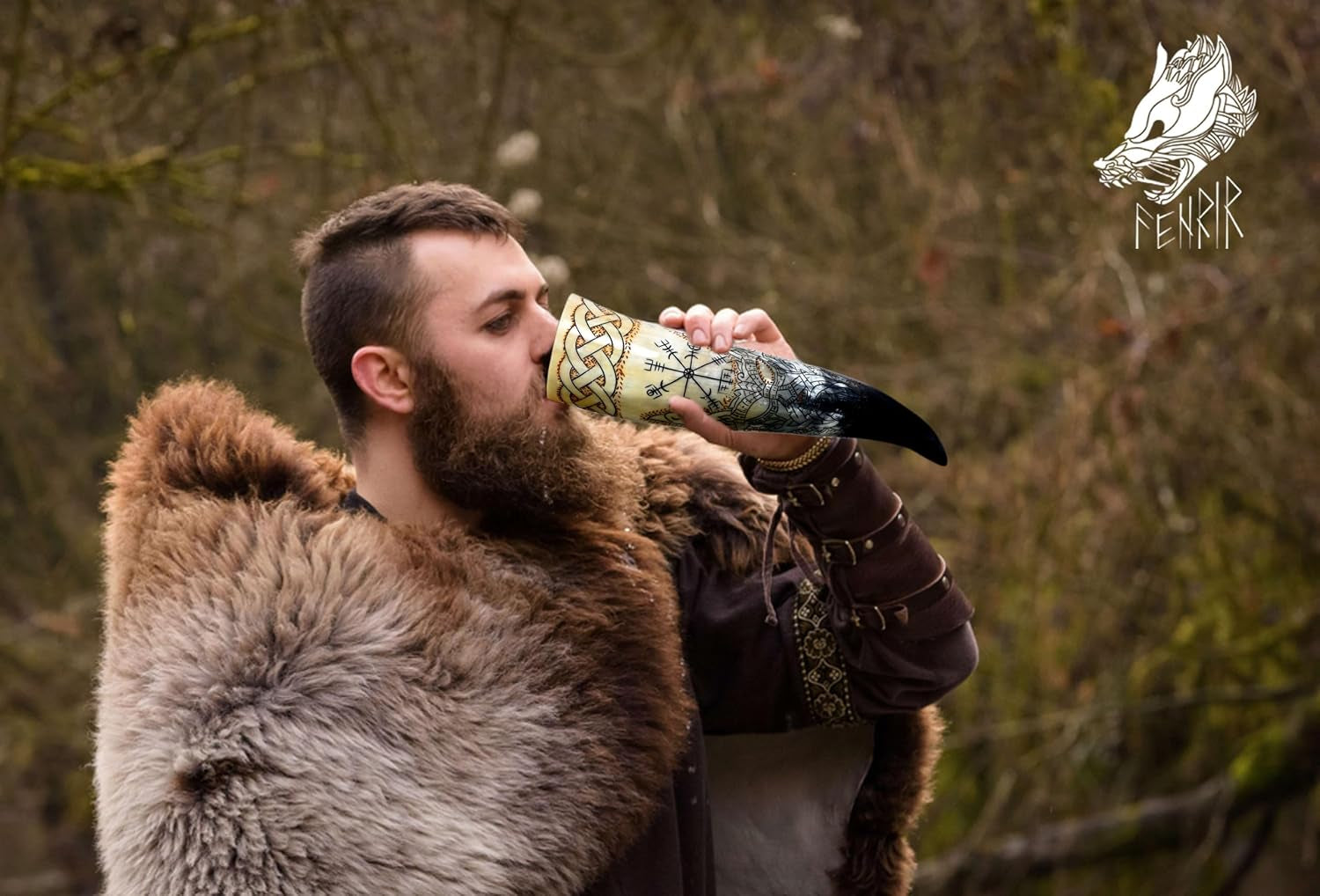 Viking Drinking Horn with Stand & Thor Bottle Opener | Norse Medieval Authentic Ox Horn for Ale, Mead, Whiskey | Unique Gifts for Men & Women | 16-20 Oz Odin & Vegvisir