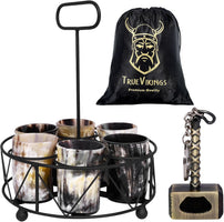 Drinking Horn Cup Set of 6 – Unique Viking Gifts for Men, Dad, Husband – Natural Ox Horn Shot Glasses with Thor Bottle Opener & Metal Caddy – Leak-Proof – for Beer, Ale, Mead (5 Oz/Glass)