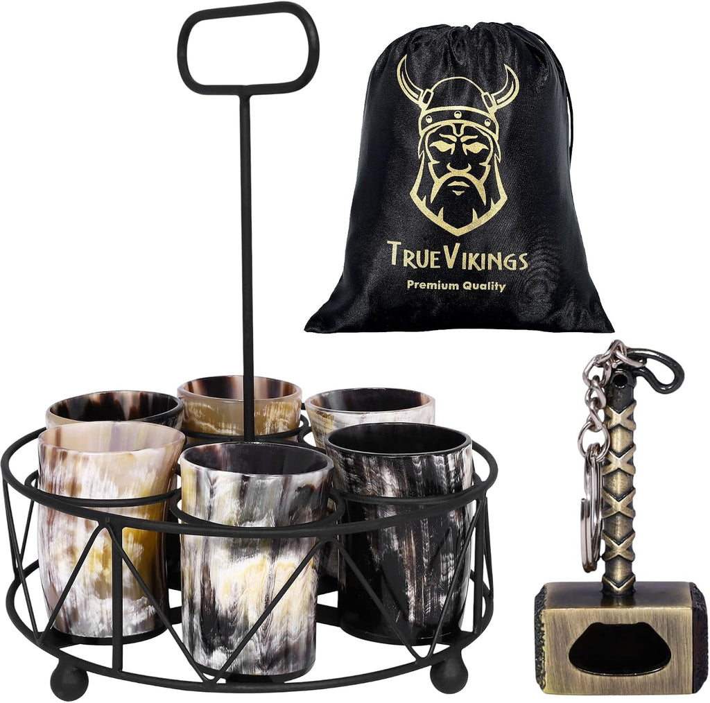 Drinking Horn Cup Set of 6 – Unique Viking Gifts for Men, Dad, Husband – Natural Ox Horn Shot Glasses with Thor Bottle Opener & Metal Caddy – Leak-Proof – for Beer, Ale, Mead (5 Oz/Glass)