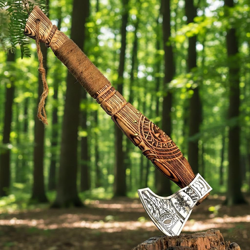 Hand Forged Viking Axe – Carbon Steel Blade with Ash Wood Handle and Leather Sheath, Camping, Hunting, Outdoor Hatchet Valhalla Ax, Medieval Axe, Authentic Norse Axe, Historical Gift for Men