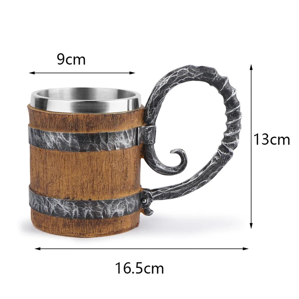Viking Beer Mug – Double Wall Insulated Wood Style Drinking Cup with Handle