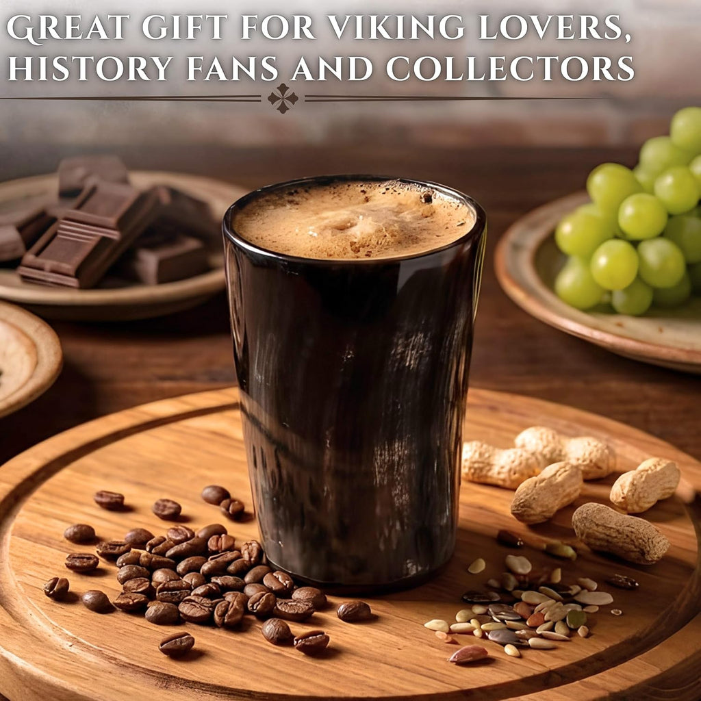 Viking Drinking Horn Mug & Cup Set | 6-Piece Collection with 16Oz Dire Wolf Engraved Mead & Beer Mug, Shot Glass, Bottle Opener, Leather Strap, Drinking Horn & Stand | Norse Gift for Men