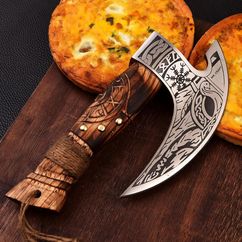 Pizza Cutter Axe Carbon Steel Slicer Chef Viking Axe with Leather Cover - Premium Pizza Oven Accessories Ulu Rocking Pizza Gifts for Men (Engraved Ash Wood)