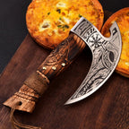 Pizza Cutter Axe Carbon Steel Slicer Chef Viking Axe with Leather Cover - Premium Pizza Oven Accessories Ulu Rocking Pizza Gifts for Men (Engraved Ash Wood)