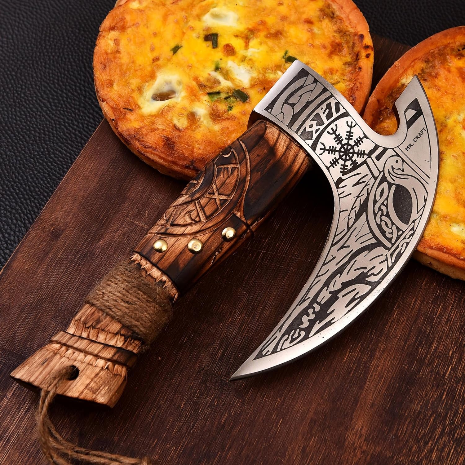 Pizza Cutter Axe Carbon Steel Slicer Chef Viking Axe with Leather Cover - Premium Pizza Oven Accessories Ulu Rocking Pizza Gifts for Men (Engraved Ash Wood)