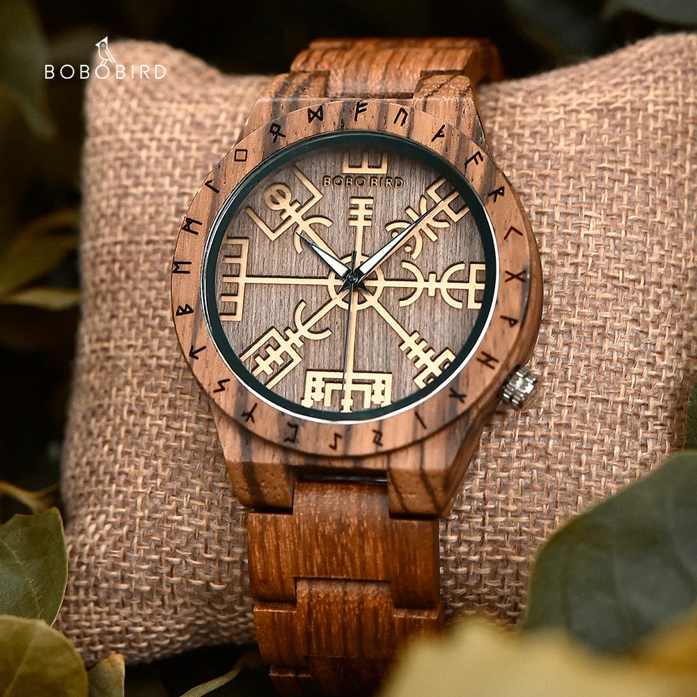 Viking Vegvisir Man'S Wooden Watches Vintage Watch for Men Wood Clock
