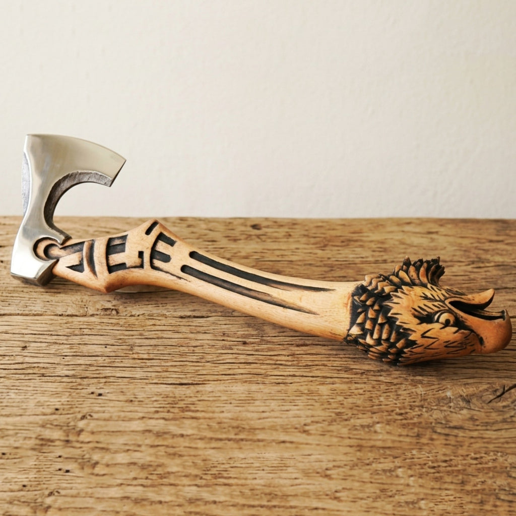 High Quality Carbon Steel Handmade Eagle Handle Viking Sculpture Axe with Sheath