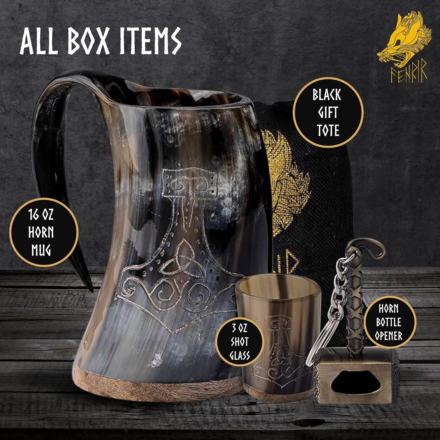 Viking Drinking Horn Mug Set 16 Oz – Gifts for Men, Dad, Husband – Unique Viking Gift – Handmade Real Ox Horn Cup with Shot Glass & Opener – for Beer, Ale, Mead (Thor Shine Finish)