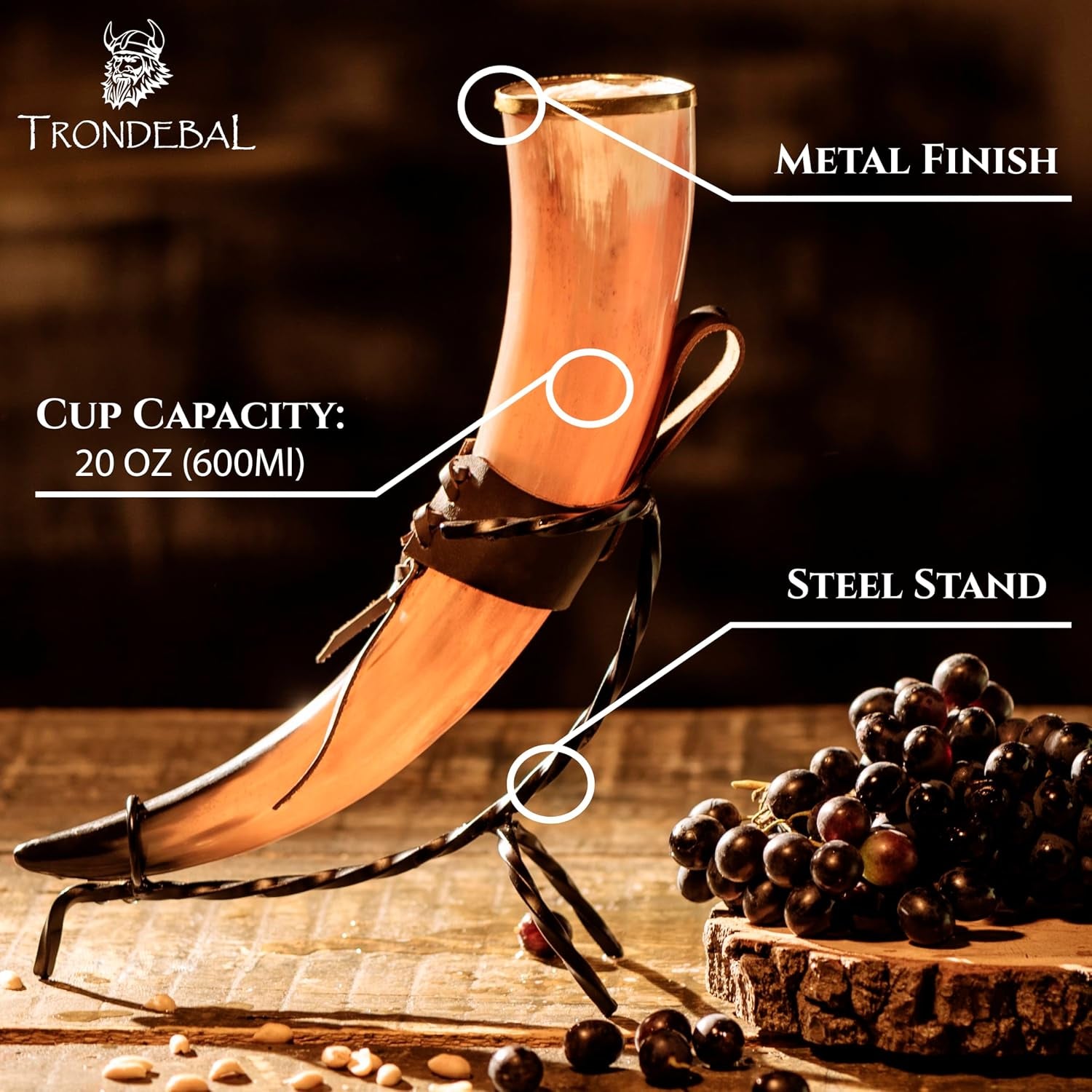 Viking Drinking Horn 15-20 Oz with Metal Stand | Hand-Crafted Ox Horn Cup for Mead, Ale, Beer | Medieval Norse Gift & Home Bar Décor, Food-Safe Lacque Unique Beer Gift for Men and Women