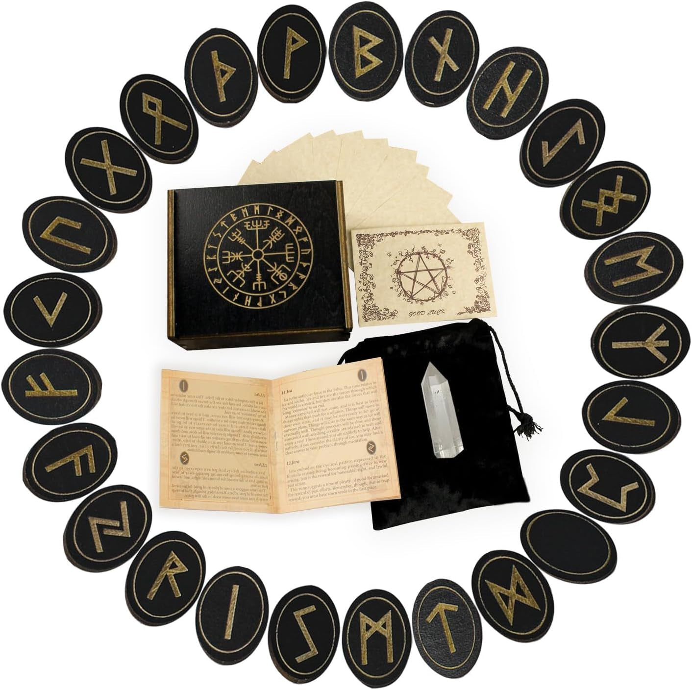 Runes, Wooden Runes Set with Guide Book,Healing Crystal Velvet Bag | Runes for Beginners, Witchcraft/Divination/Meditation/Spiritual