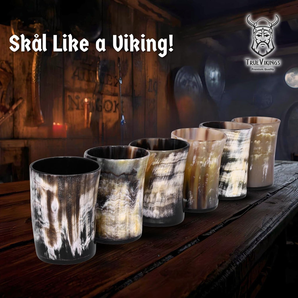 Drinking Horn Cup Set of 6 – Unique Viking Gifts for Men, Dad, Husband – Natural Ox Horn Shot Glasses with Thor Bottle Opener & Metal Caddy – Leak-Proof – for Beer, Ale, Mead (5 Oz/Glass)