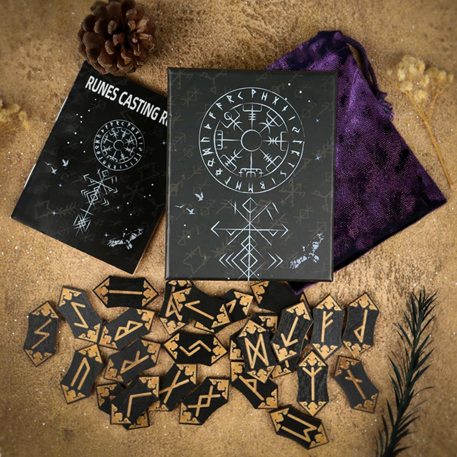 Runes Set, 25Pcs Wooden Viking Rune Stone Set with Guide Book, Velvet Bag, Norse Runas for Beginners,Witchcraft/Divination/Meditation/Spiritual