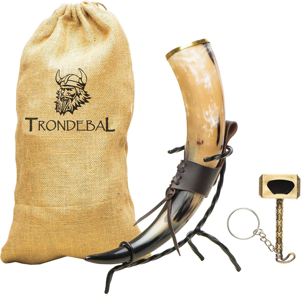Viking Drinking Horn 15-20 Oz with Metal Stand | Hand-Crafted Ox Horn Cup for Mead, Ale, Beer | Medieval Norse Gift & Home Bar Décor, Food-Safe Lacque Unique Beer Gift for Men and Women