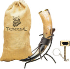 Viking Drinking Horn 15-20 Oz with Metal Stand | Hand-Crafted Ox Horn Cup for Mead, Ale, Beer | Medieval Norse Gift & Home Bar Décor, Food-Safe Lacque Unique Beer Gift for Men and Women