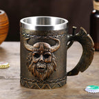 Viking Axe Mug, Stainless Steel Horn Beer Cup, Viking Warrior Skull Cup Tankard, Drinking Cup Coffee Beer Steins,Medieval Skull Drinkware Mug for Coffee/Beverage/Juice17Oz Gift for Men