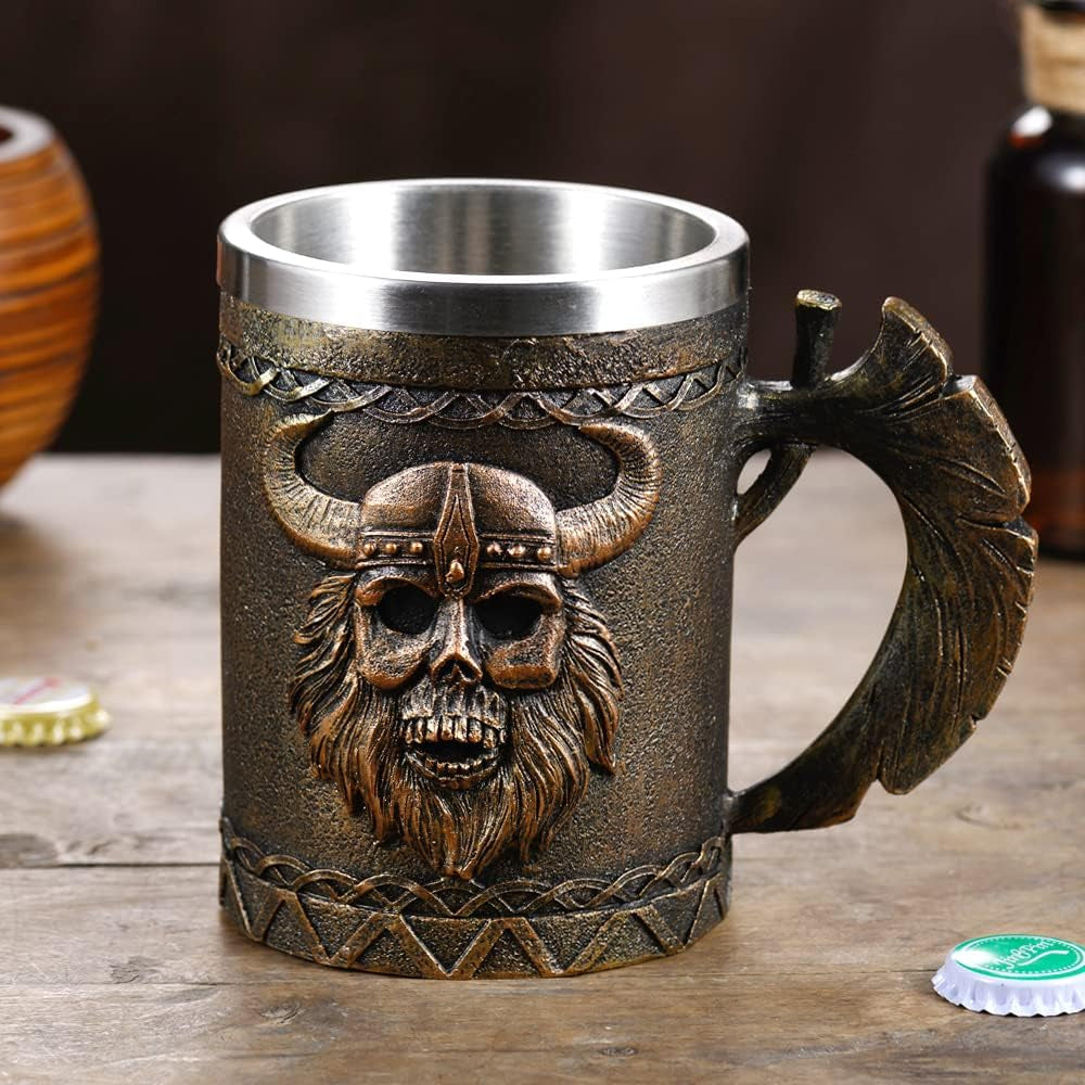 Viking Axe Mug, Stainless Steel Horn Beer Cup, Viking Warrior Skull Cup Tankard, Drinking Cup Coffee Beer Steins,Medieval Skull Drinkware Mug for Coffee/Beverage/Juice17Oz Gift for Men