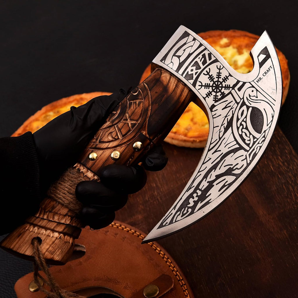 Pizza Cutter Axe Carbon Steel Slicer Chef Viking Axe with Leather Cover - Premium Pizza Oven Accessories Ulu Rocking Pizza Gifts for Men (Engraved Ash Wood)