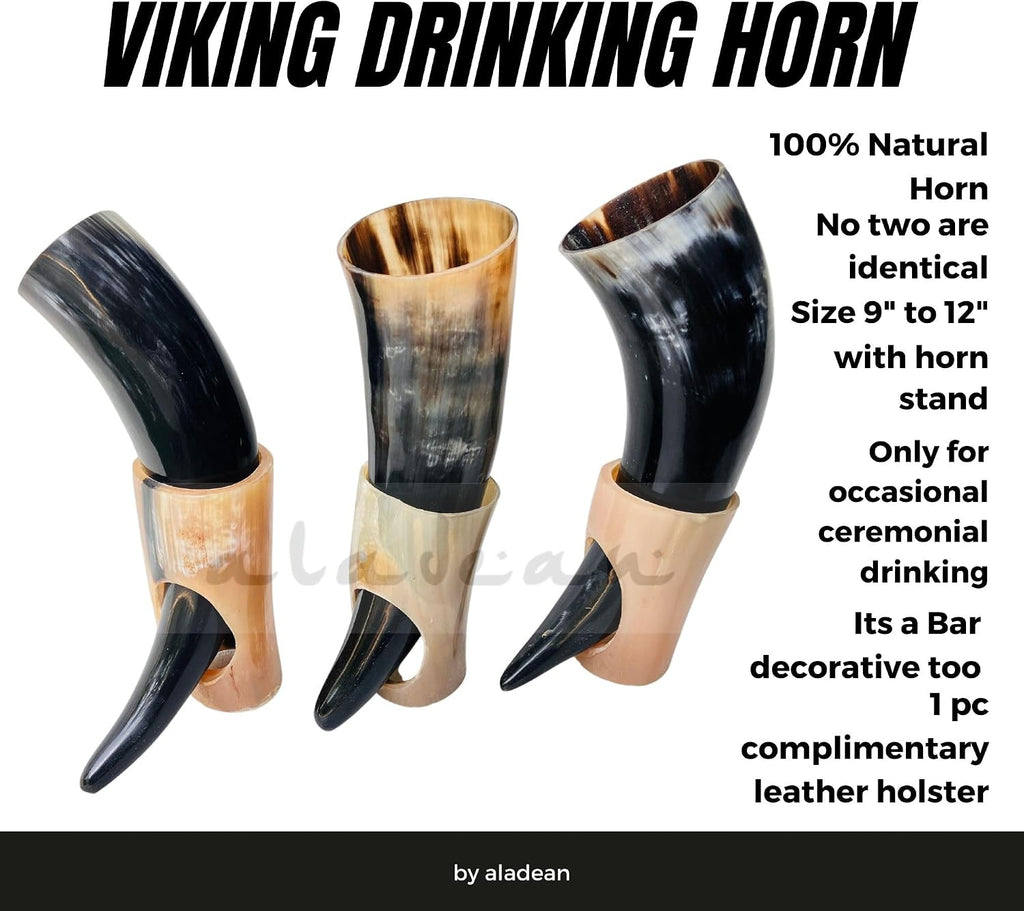 5X Viking Drinking Horn Cups 9" -15" | Viking Gift for Men 100% Natural Norse 10-14 Oz Goblet Ale Mead Beer Mug Wine with Stand (Large (9"-11"))