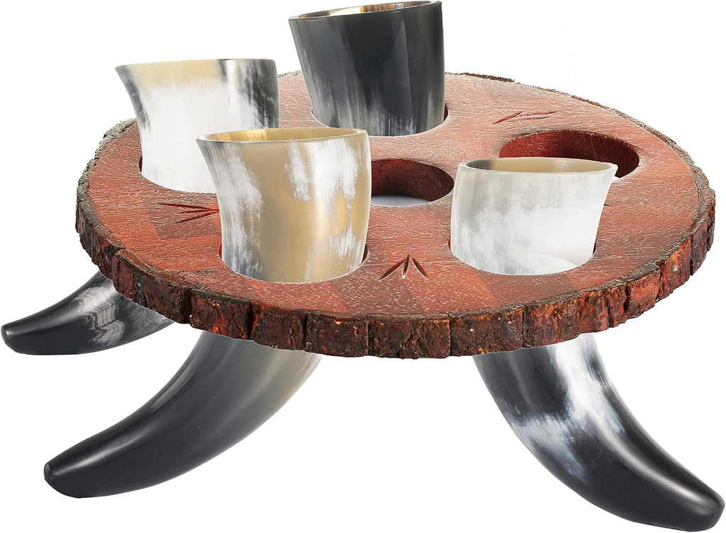 Viking Drinking Horn Set of 5 – Gifts for Men, Dad, Husband – Unique Viking Gift – Handmade Real Ox Horn Cup with Wooden Storage Tray & Opener – for Beer, Ale, Mead