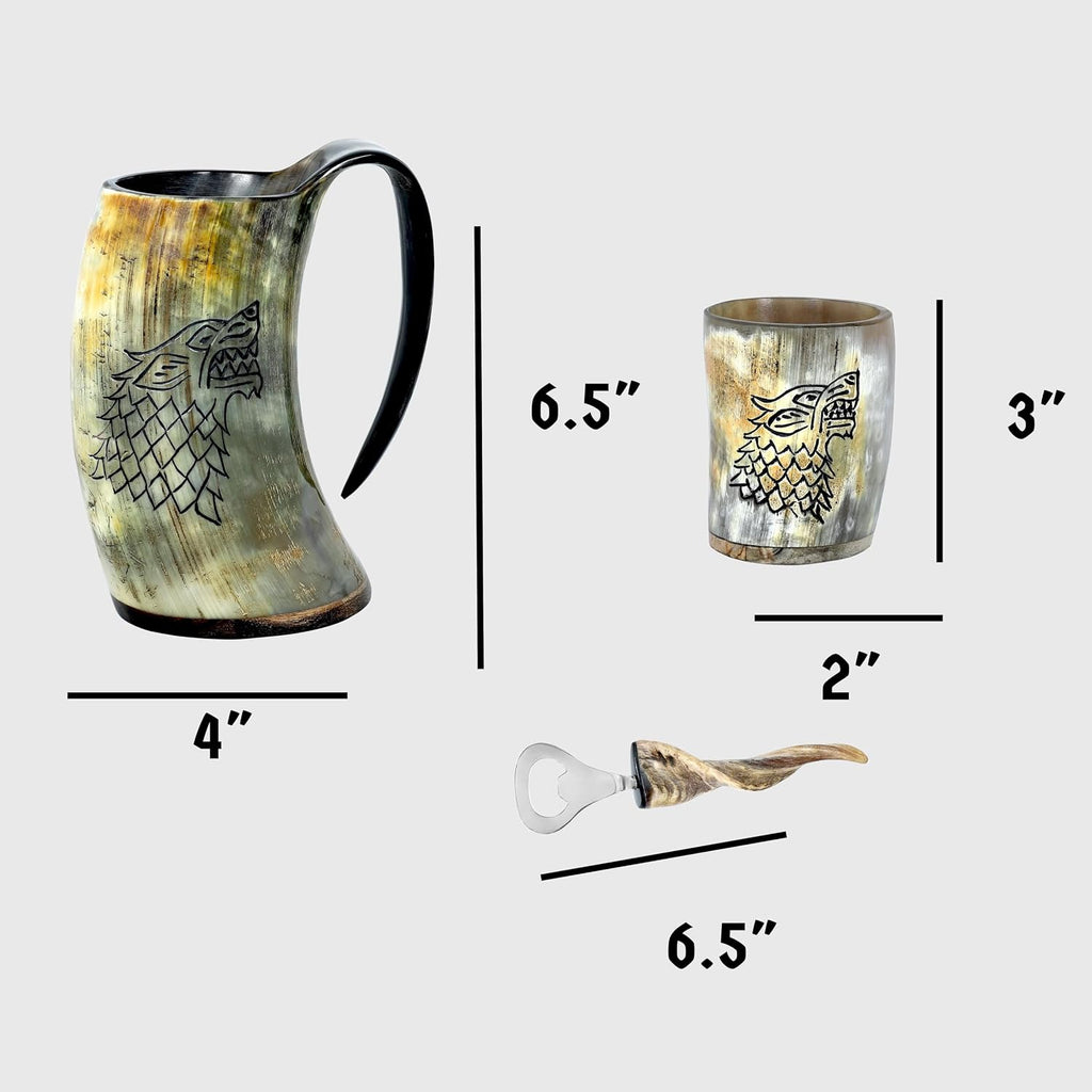 Drinking Horn Mug 16-20 Oz – Gifts for Men, Dad, Husband – Unique Viking Gift – Handmade Authentic Ox Horn Cup with Shot Glass & Opener – for Beer, Ale, Mead – Natural Polished (Fenrir)
