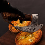 Pizza Cutter Axe Carbon Steel Slicer Chef Viking Axe with Leather Cover - Premium Pizza Oven Accessories Ulu Rocking Pizza Gifts for Men (Engraved Ash Wood)