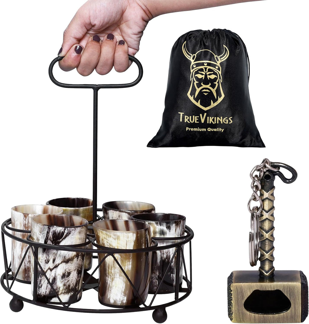 Drinking Horn Cup Set of 6 – Unique Viking Gifts for Men, Dad, Husband – Natural Ox Horn Shot Glasses with Thor Bottle Opener & Metal Caddy – Leak-Proof – for Beer, Ale, Mead (5 Oz/Glass)