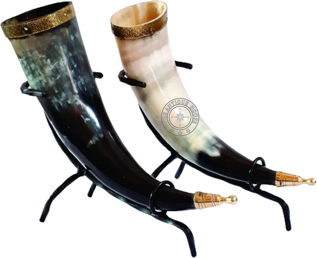 Set of Two Ox Horn Drinking Beer Mug Brass Rim Medieval Viking Cup with Iron Stand