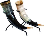 Set of Two Ox Horn Drinking Beer Mug Brass Rim Medieval Viking Cup with Iron Stand
