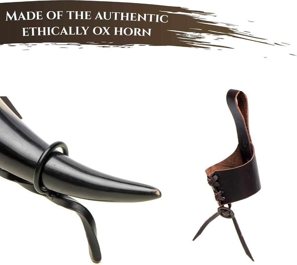 Viking Drinking Horn 15-20 Oz with Metal Stand | Hand-Crafted Ox Horn Cup for Mead, Ale, Beer | Medieval Norse Gift & Home Bar Décor, Food-Safe Lacque Unique Beer Gift for Men and Women