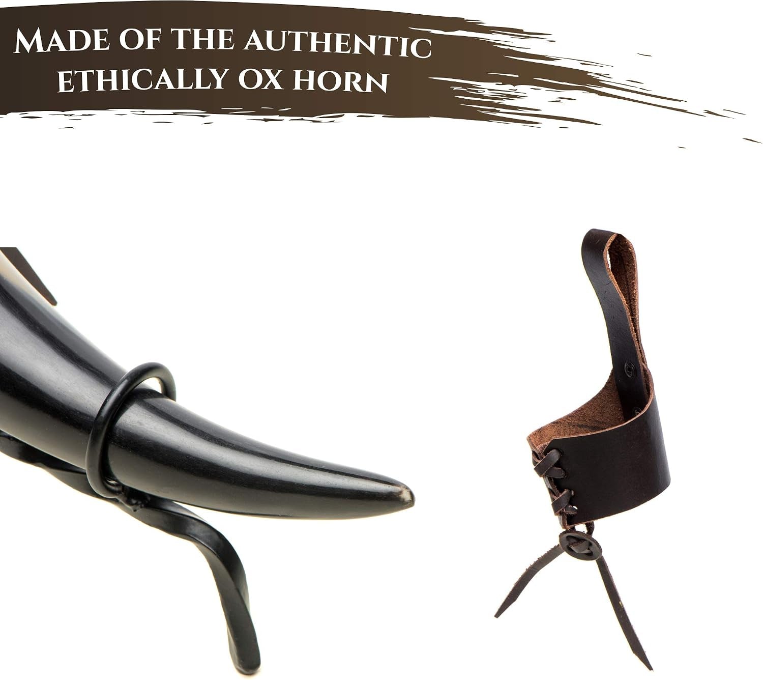 Viking Drinking Horn 15-20 Oz with Metal Stand | Hand-Crafted Ox Horn Cup for Mead, Ale, Beer | Medieval Norse Gift & Home Bar Décor, Food-Safe Lacque Unique Beer Gift for Men and Women