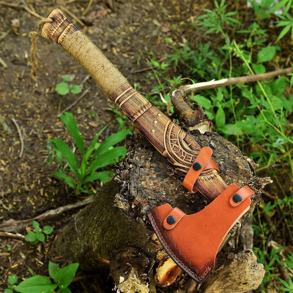 Hand Forged Viking Axe – Carbon Steel Blade with Ash Wood Handle and Leather Sheath, Camping, Hunting, Outdoor Hatchet Valhalla Ax, Medieval Axe, Authentic Norse Axe, Historical Gift for Men