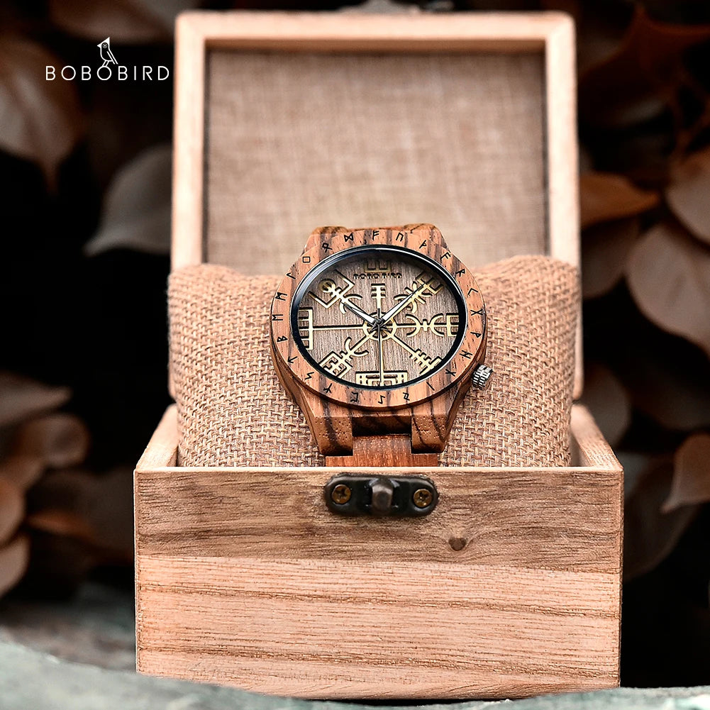 Viking Vegvisir Man'S Wooden Watches Vintage Watch for Men Wood Clock
