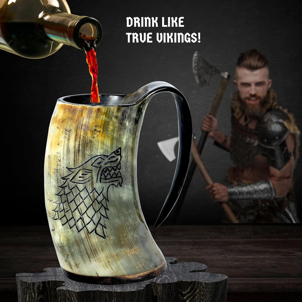 Drinking Horn Mug 16-20 Oz – Gifts for Men, Dad, Husband – Unique Viking Gift – Handmade Authentic Ox Horn Cup with Shot Glass & Opener – for Beer, Ale, Mead – Natural Polished (Fenrir)