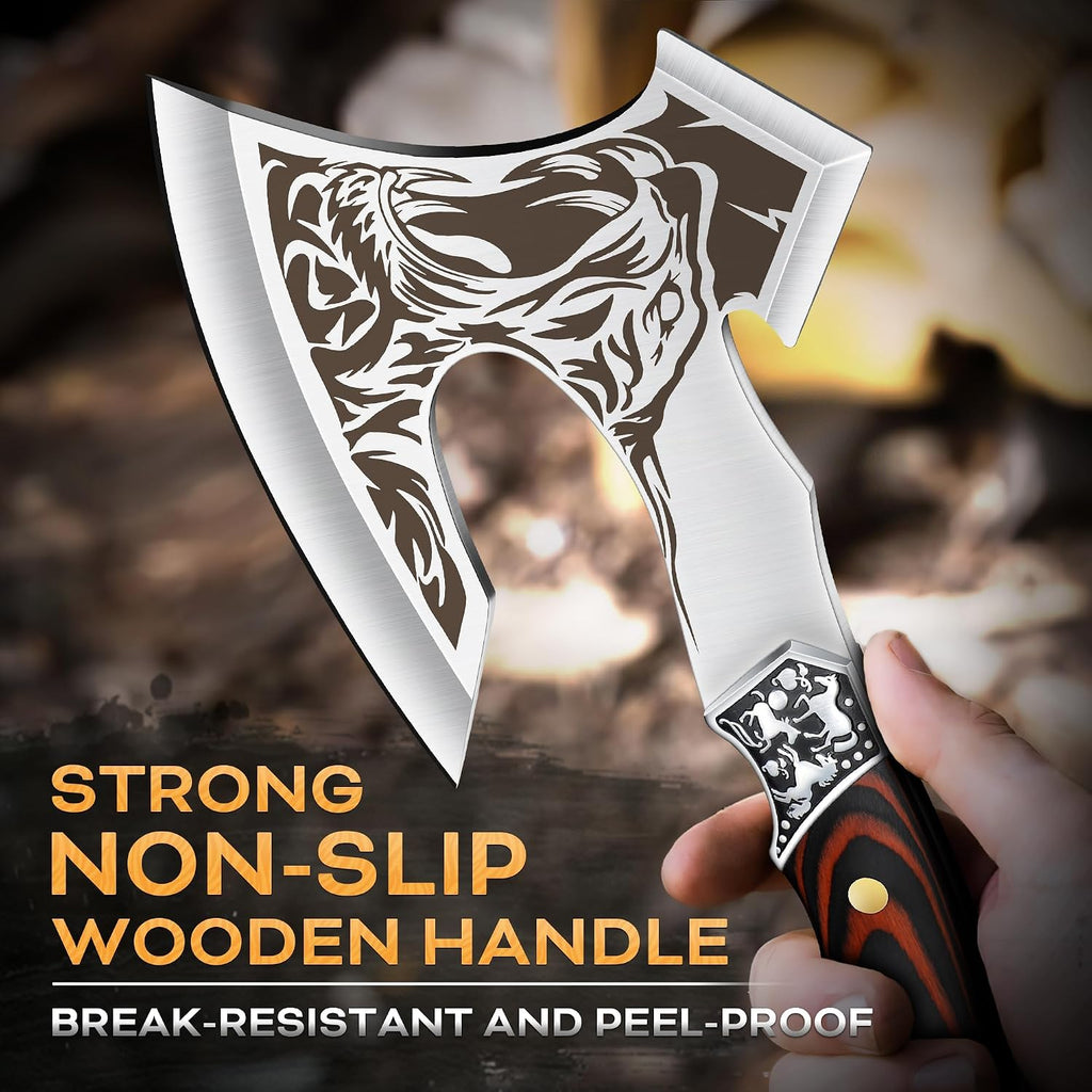 Camping Axe, Tiger - Patterned Survival Hatchet with Nylon Sheath | High Carbon Steel Blade, Ergonomic Wood Grip, Nylon Sheath, Unique Pattern Design, for Hiking, Chopping, Hunting