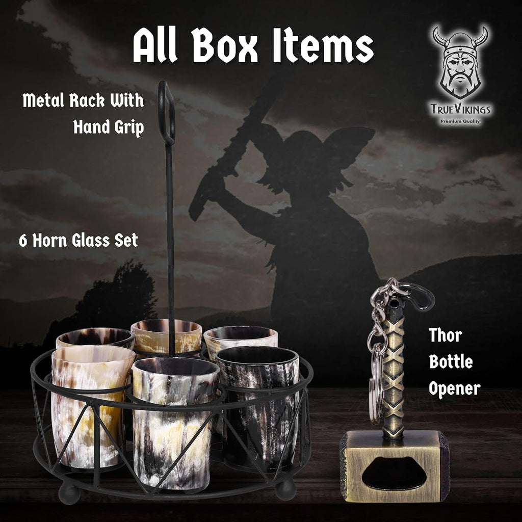 Drinking Horn Cup Set of 6 – Unique Viking Gifts for Men, Dad, Husband – Natural Ox Horn Shot Glasses with Thor Bottle Opener & Metal Caddy – Leak-Proof – for Beer, Ale, Mead (5 Oz/Glass)