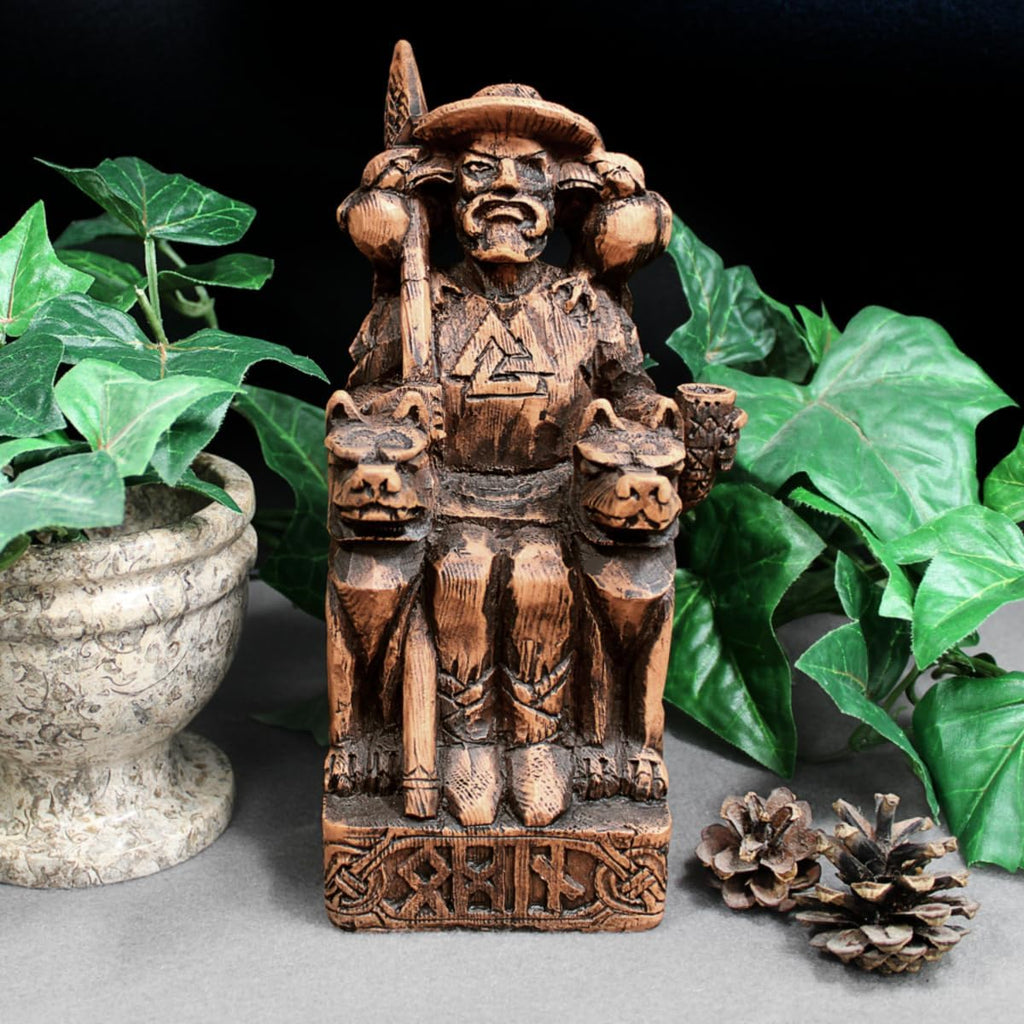 Odin Statue Allfather Norse God Figurine - Viking Home Decor | 8" Allfather with Gungnir Spear & Ravens Huginn & Muninn Statue; Viking Pagan Altar Decor; Durable Resin Wood Finish
